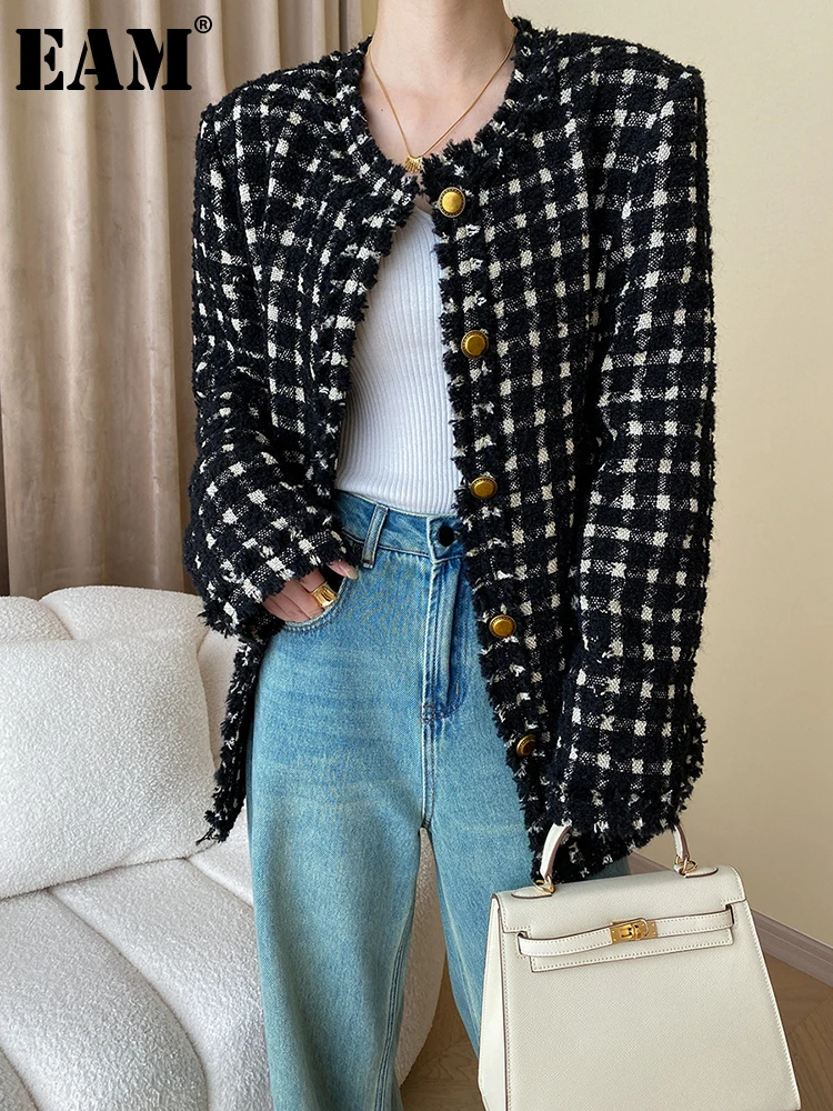 

[EAM] Свободная черная клетчатая твидовая куртка большого размера, Новое Женское пальто с круглым вырезом и длинными рукавами, модное весенне-осеннее пальто 2023 1DH0291