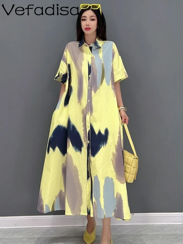 

Vefadisa 2023 Summer New Fashion Colourful Print Trendy Dress Casual Short Sleeve Shirt Dress Printed Women Elegant Skirt ZY432