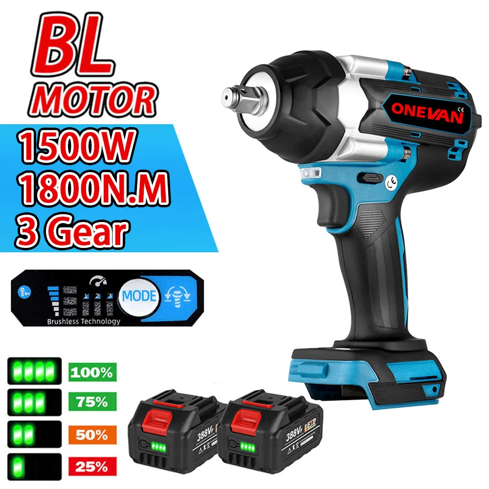1500W 1800N.M 1/2 Inch Torque Brushless Electric Impact Wrench Electric Screwdriver Power Tool For Makita 18V Battery