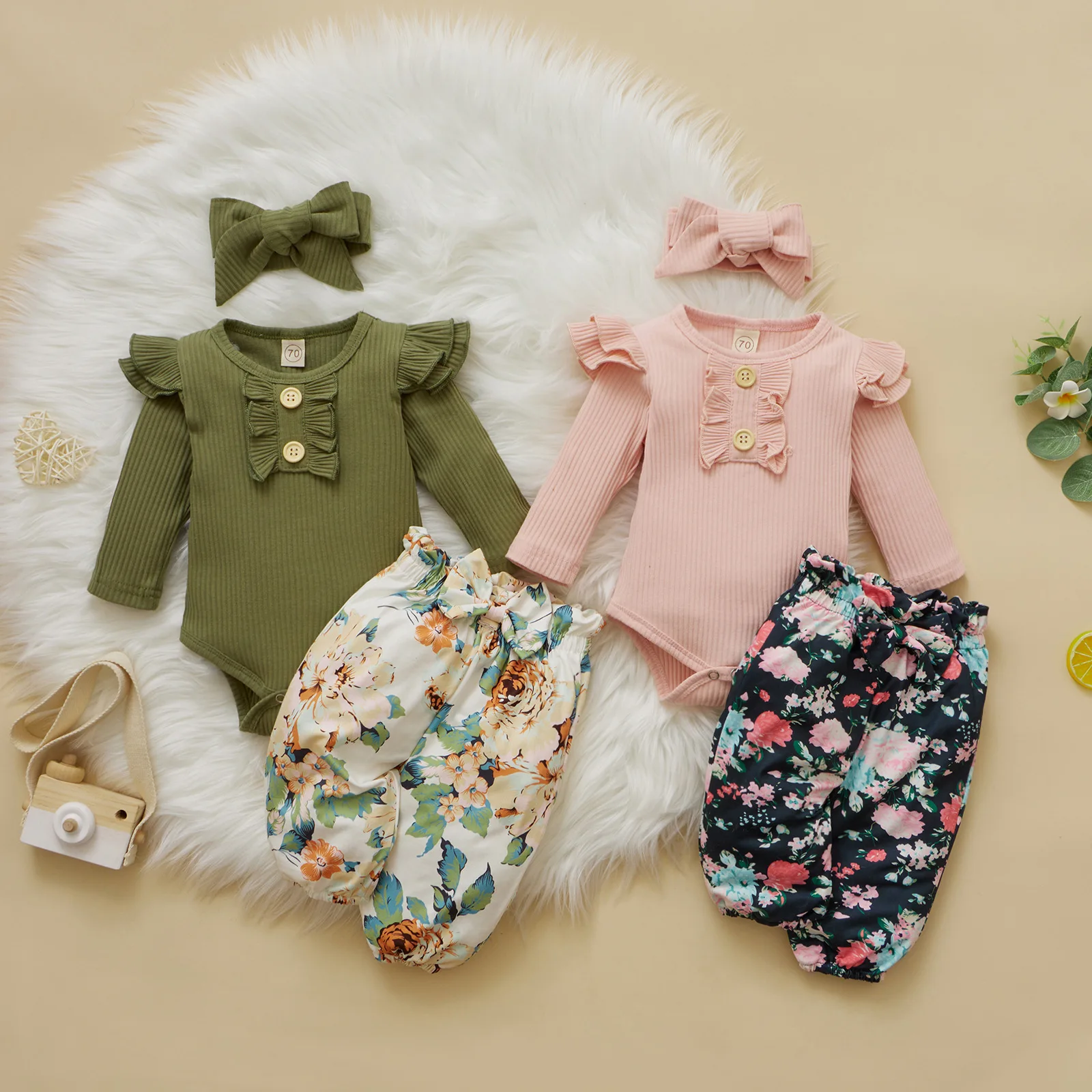 3Pcs Infant Autumn Toddler Baby Girl Clothes Set Long Sleeve Top Floral Print Pants Headband Solid Clothing Outfit Newborn 3-12M