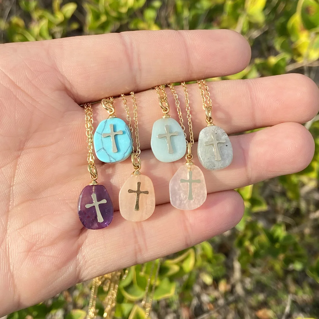 

Natural Stone Cross Necklace Women Simple Clavicle Chain Stainless Steel Jewelry Female Trendy Pendant Necklace