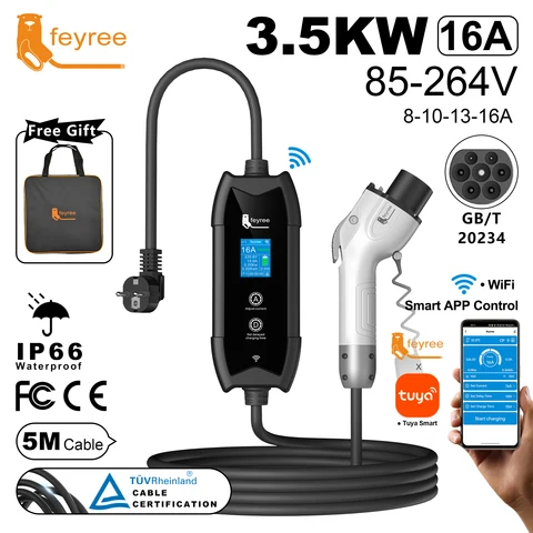 Feyree Type2 Зарядное устройство для электромобилей WIFI APP Control 16A 3.5KW GBT 5M Кабель Type1 Портативный зарядный блок Набор зарядки и задержки для автомобилей электромобилей