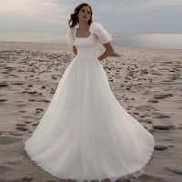 simple wedding dresses ivory organza square collar a line wedding gowns 2022 sexy puff sleeves long bride dress robe de mari%c3%a9e