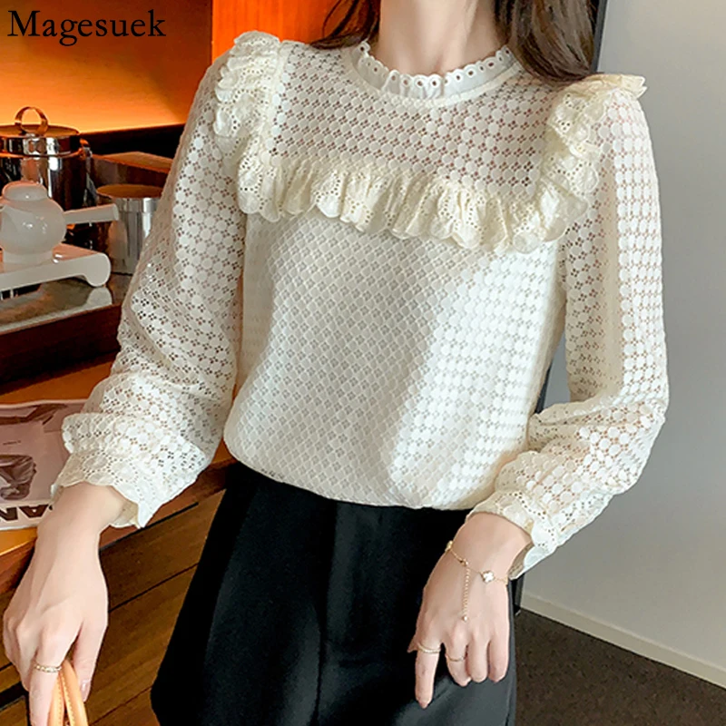 

Elegant Vintage Women's Shirt Ruffle Long Sleeve Lace Blouse Women Crochet Fashion Hollow Vintage Shirts Top Blusas Mujer 17050