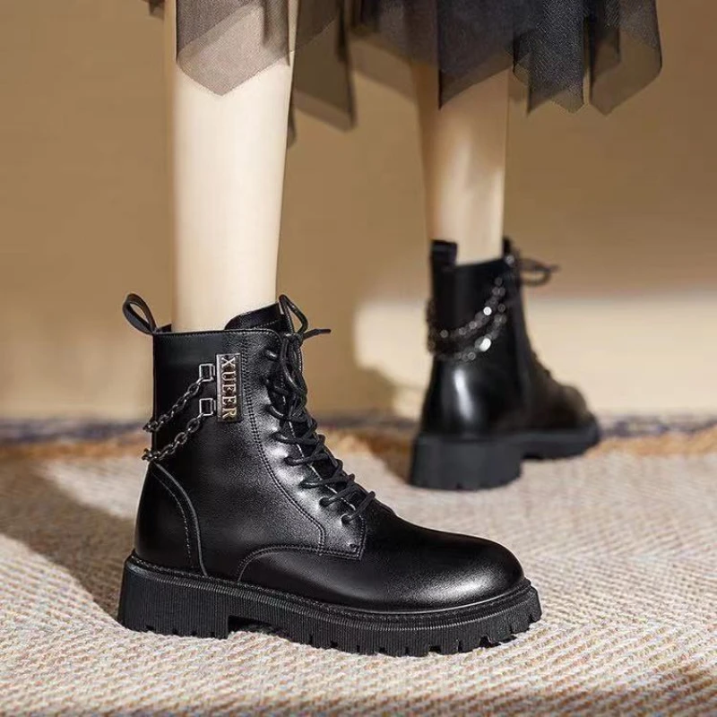 

Chain Single Boots Short Tube Women Shoes Plus Velvet Thick-soled Ankle Low-heeled Fashion Winter British Style 2022 New