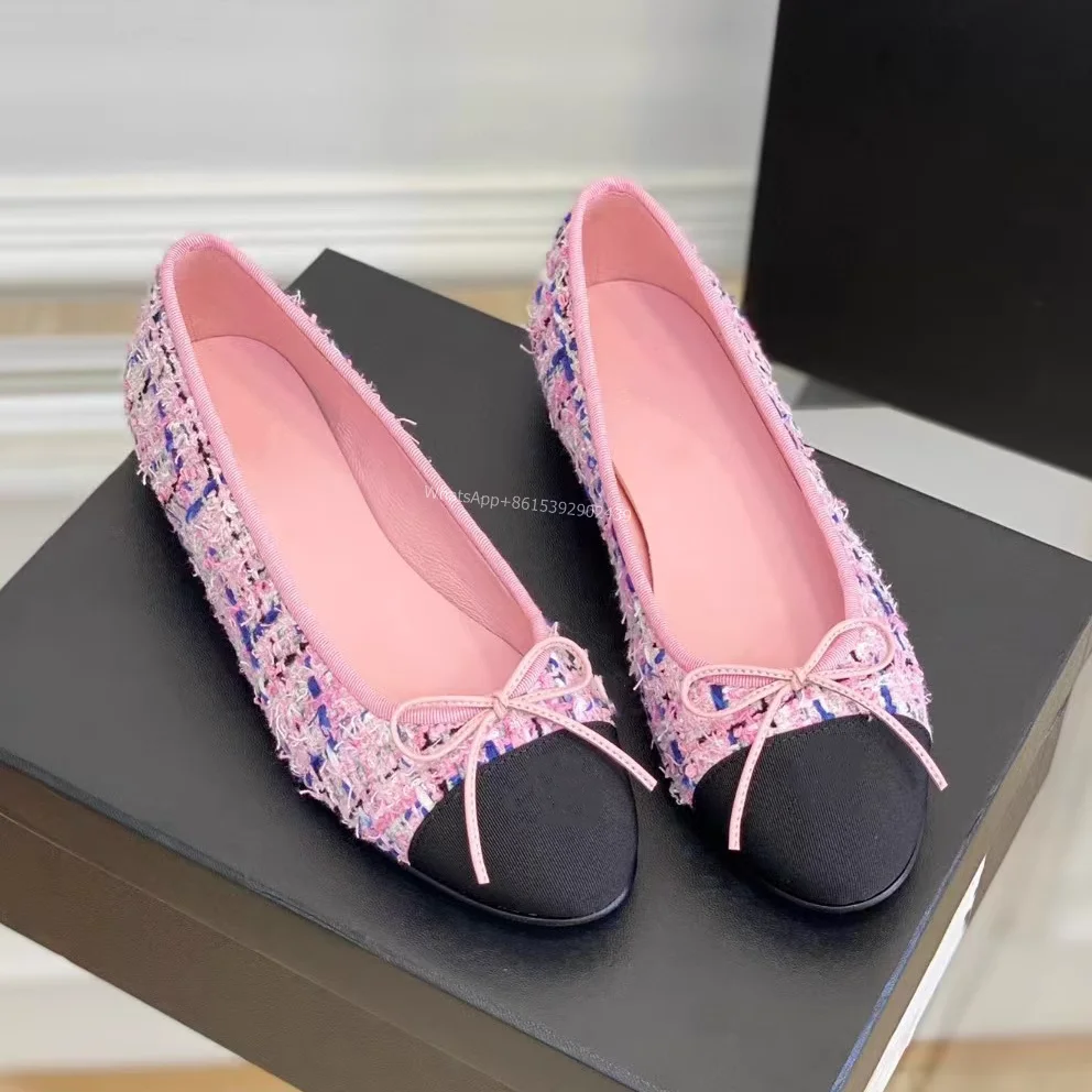 

White Ballet Leather Flats Women's Round Toe Plaid Mixed Colors Sandals Slip On Butterfly Knot Pump Black Patchwork Casual Shoes