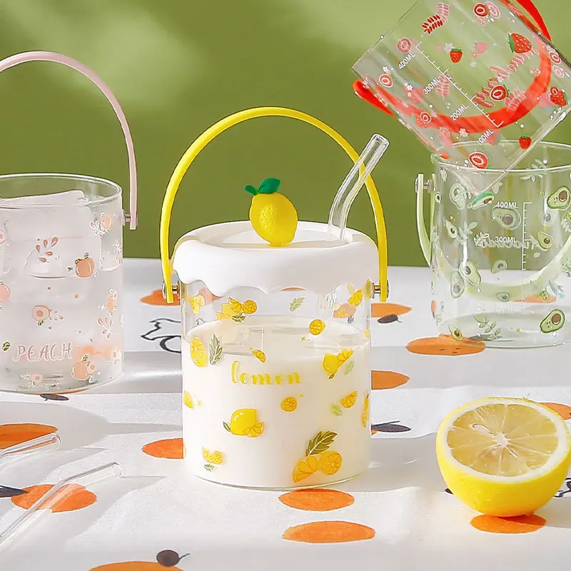 

500ML High Beauty Graduated Glass with Lid and Straw Wholesale Mug Premium Summer Fruit Portable Cold Drink Juice Cup