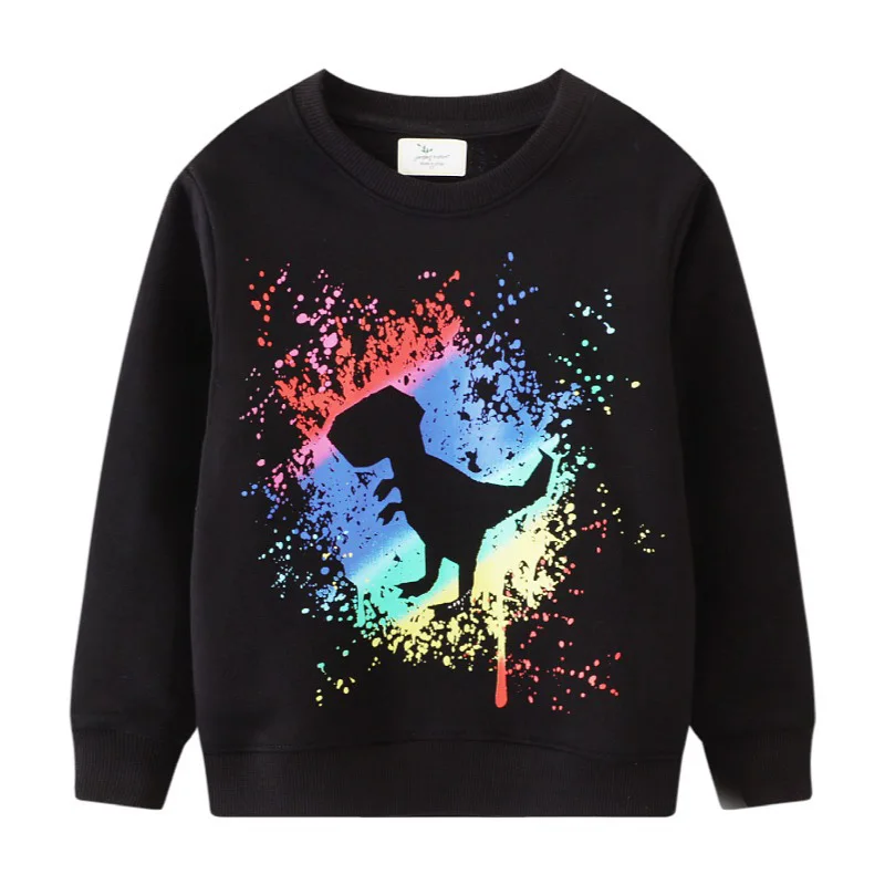 

Черная крутая футболка из 100% хлопка с рисунком динозавра для девочек и мальчиков, Осенняя детская толстовка, повседневный Топ с длинным рукавом, детская одежда