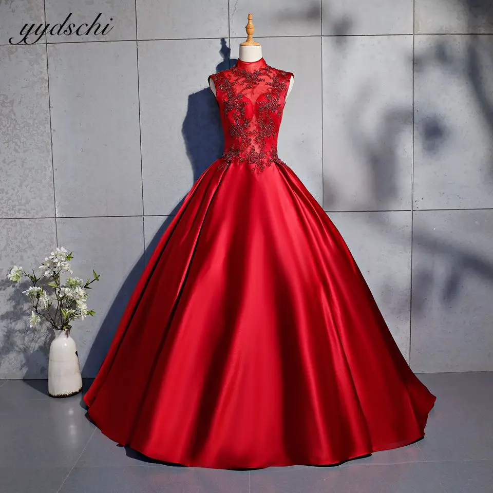 

Burgundy High Neck Satin Sleeveless Ball Gown Floor Length Formal Evening Dresses Shiny Beading Princess Quinceanera Prom Gowns