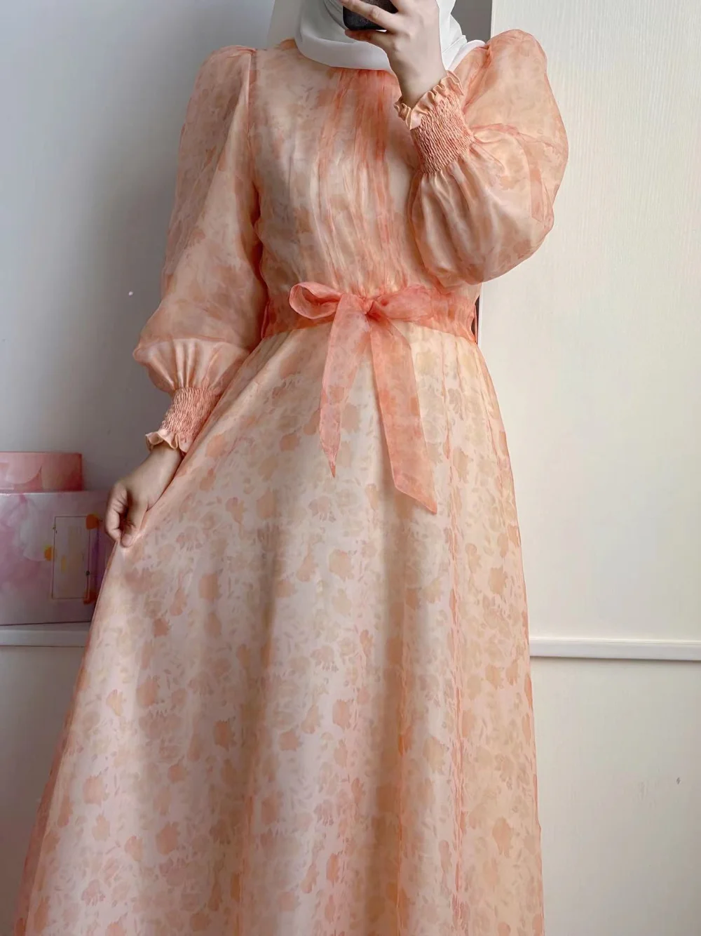 New Muslim Arab Pakistan Women's Fashion Printed Organza Dress Middle East Moroccan Kaftan Abayas for Women Robes
