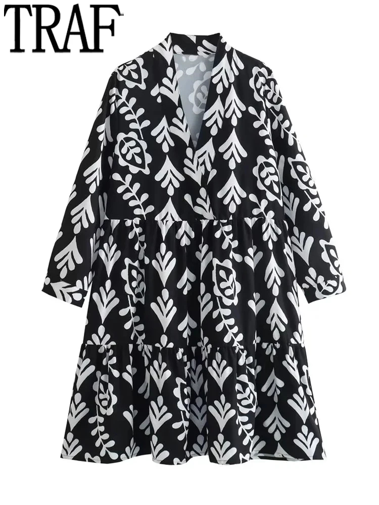

Короткие платья с рюшами TRAF для женщин, черное мини-платье с принтом, женское винтажное свободное платье с рюшами, летние повседневные платья 2023