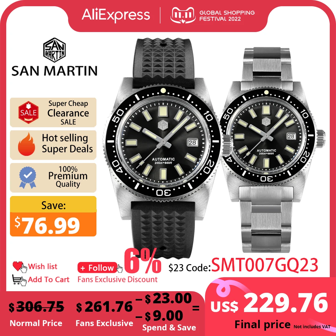 Продажа Новые мужские часы San Martin 62mas 37 мм Diver, классические Роскошные сапфировые автоматические механические часы PT5000 SW200, светящиеся часы с датой 20 ...