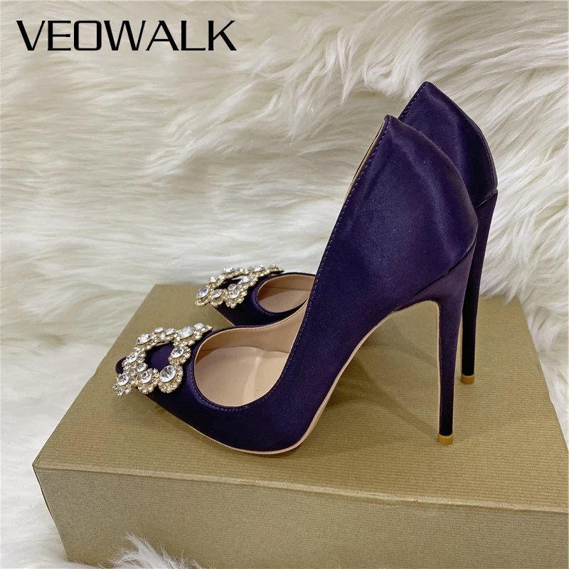 

Veowalk Diamante Squre Decor Women Satin Pointy Toe Stiletto Pumps 8cm 10cm 12cm Sparkly Party Wedding Shoes Black Purple