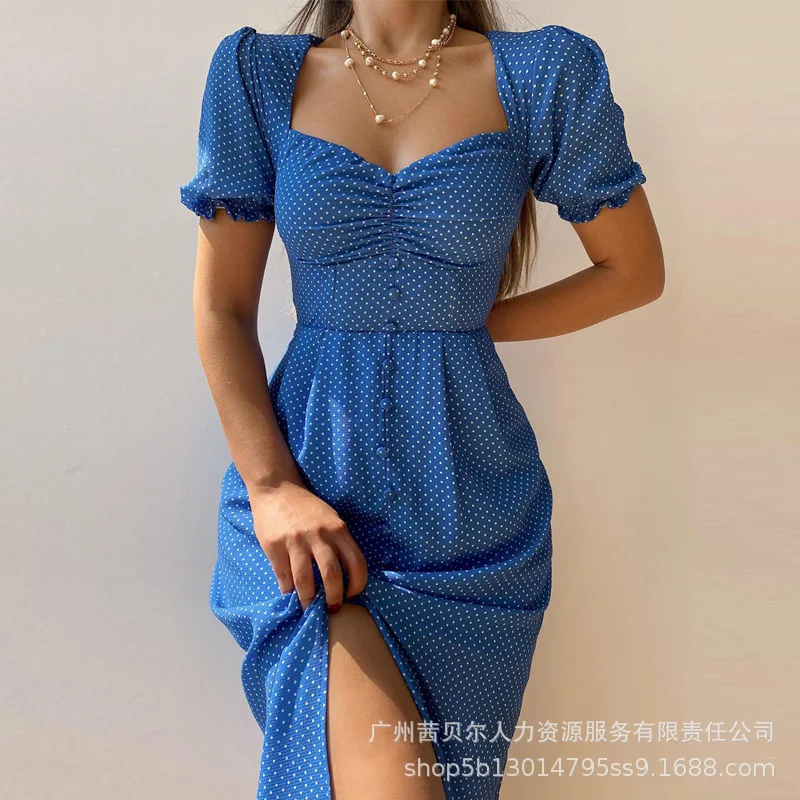 

Women's Dress Summer Slim Polka Dot Pleated Dress Women's Casual Short Puff Sleeve Square Collar Backless Single Breasted Dress