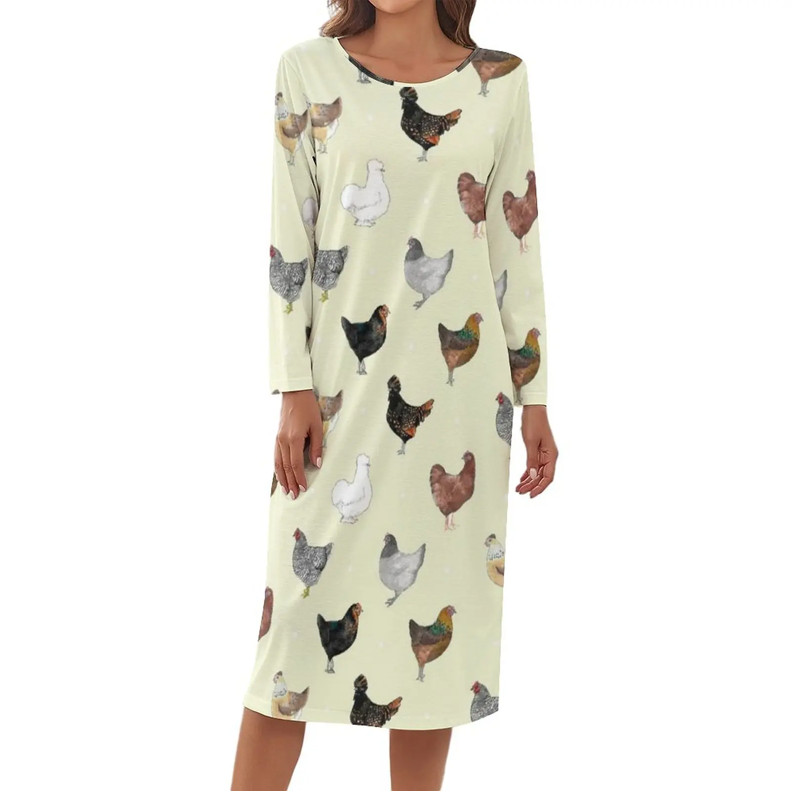 

Various Chicken Pajamas Cute Animal Print Loose Dress Women Long Sleeve Cute Nightwear Daily Graphic Homewear