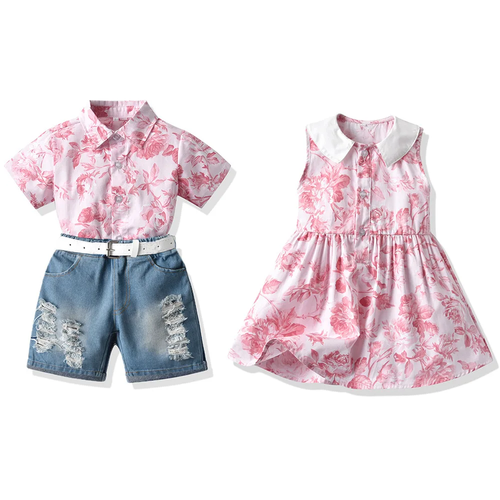 

New Brother and Sister Clothes Kids Matching Outfits Baby Boys Gentleman Suit Floral Baby Girls Dress Children Clothing Outfits