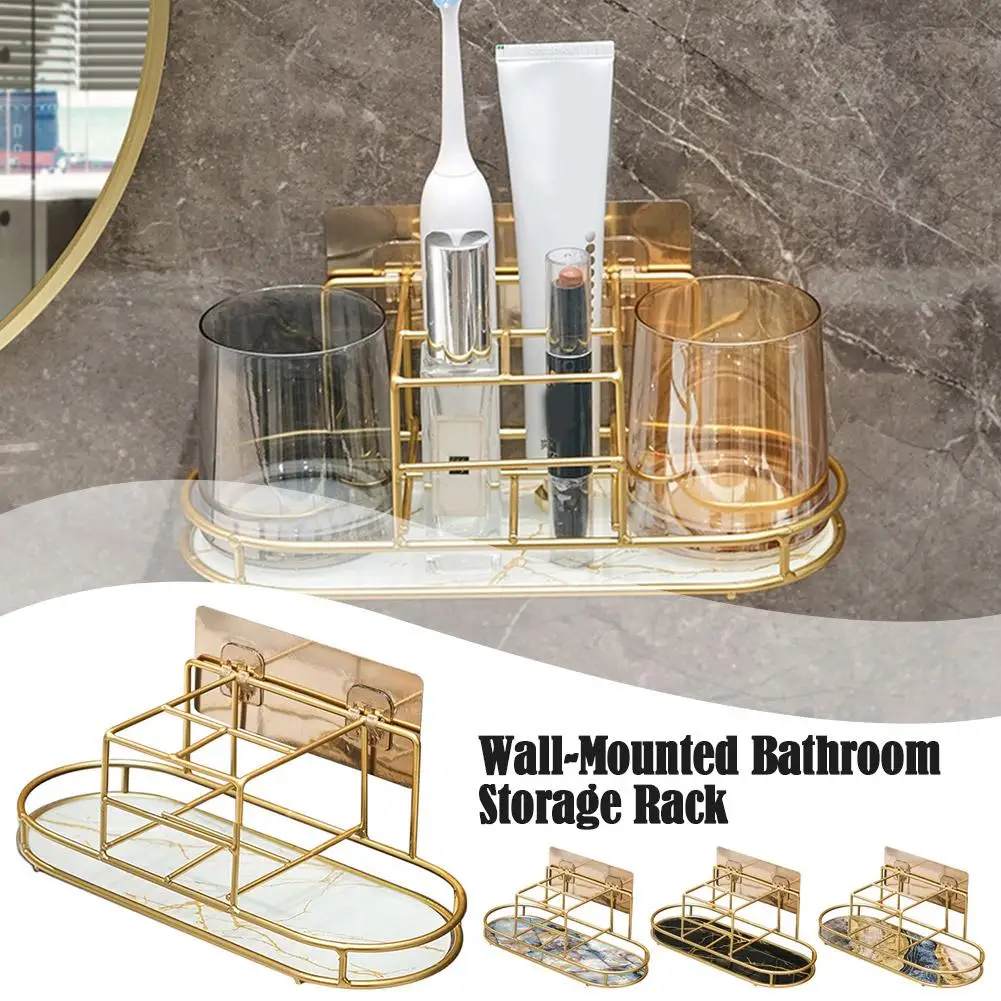 

Wall-Mounted Bathroom Storage Rack For Mouthwash cup Toothbrushes Toothpaste Luxury Bathroom Shelf Without Drilling H6W6