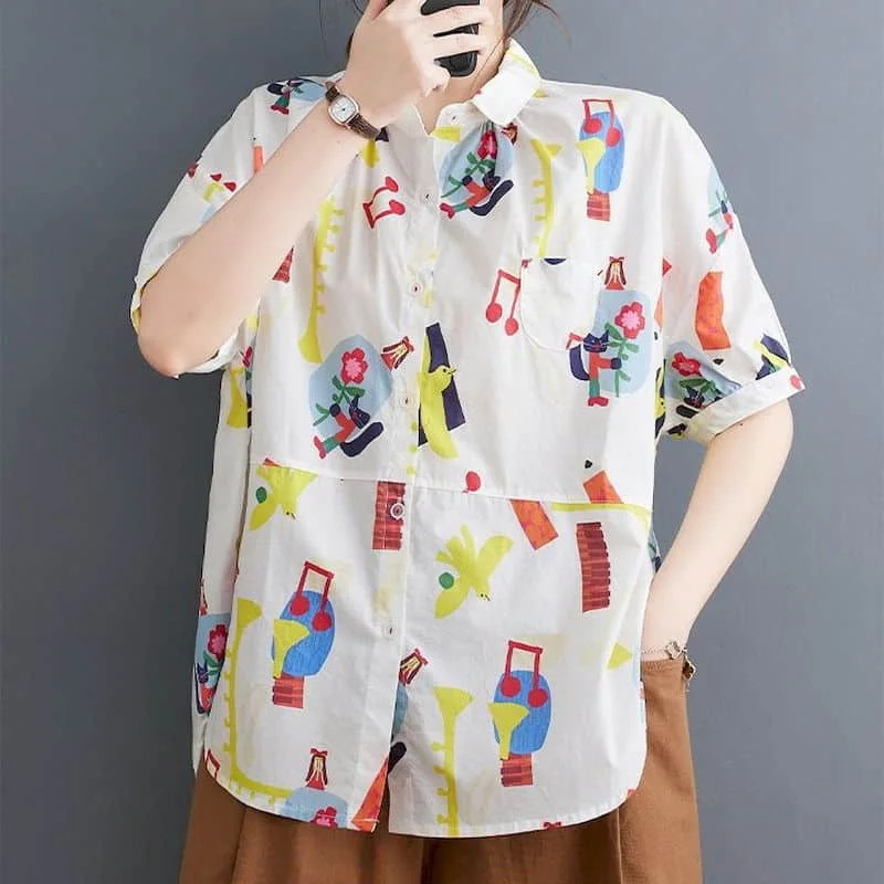 Рубашки с принтом для женщин винтажные рубашки поло короткими рукавами и