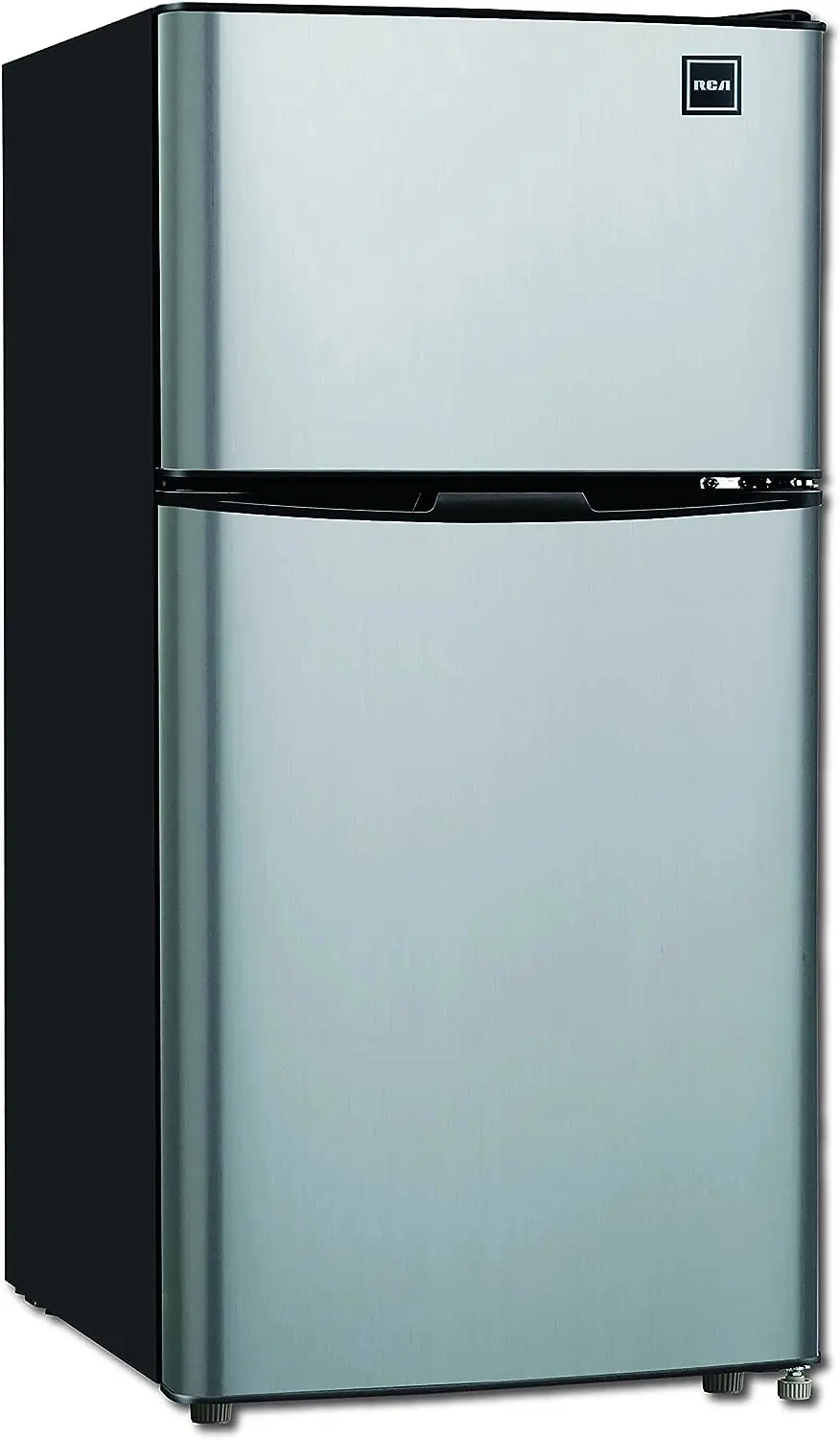 

RFR459 Compact Fridge with Freezer-Dual Adjustable Thermostat-Reversible Door-Removable Glass Shelves-Ideal for Bedroom/Dorm/Apa