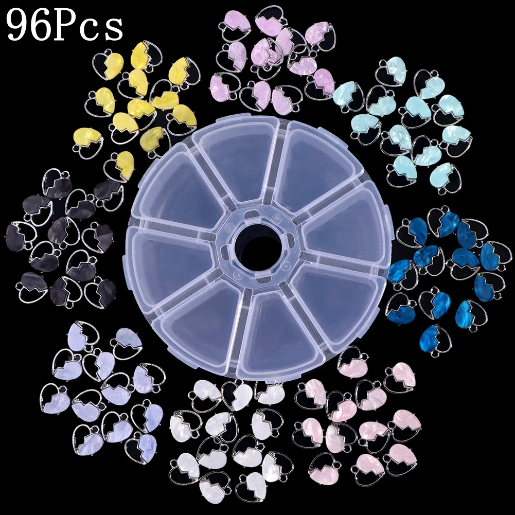 

96 шт./лот разноцветные акриловые Полые Подвески в виде разбитого сердца, аксессуары с бесплатной коробкой для изготовления самодельных сер...