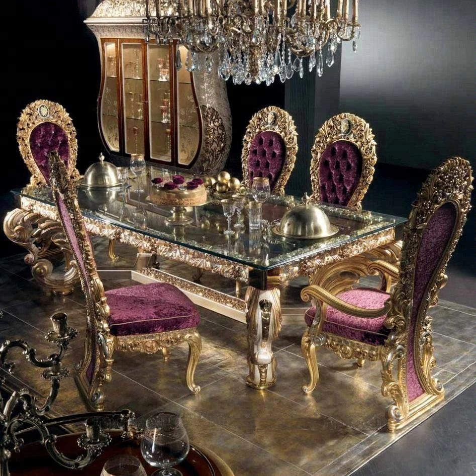 

Luxury Antique European Solid Wood Hand Carved Dining Set 8 Person Dining Table