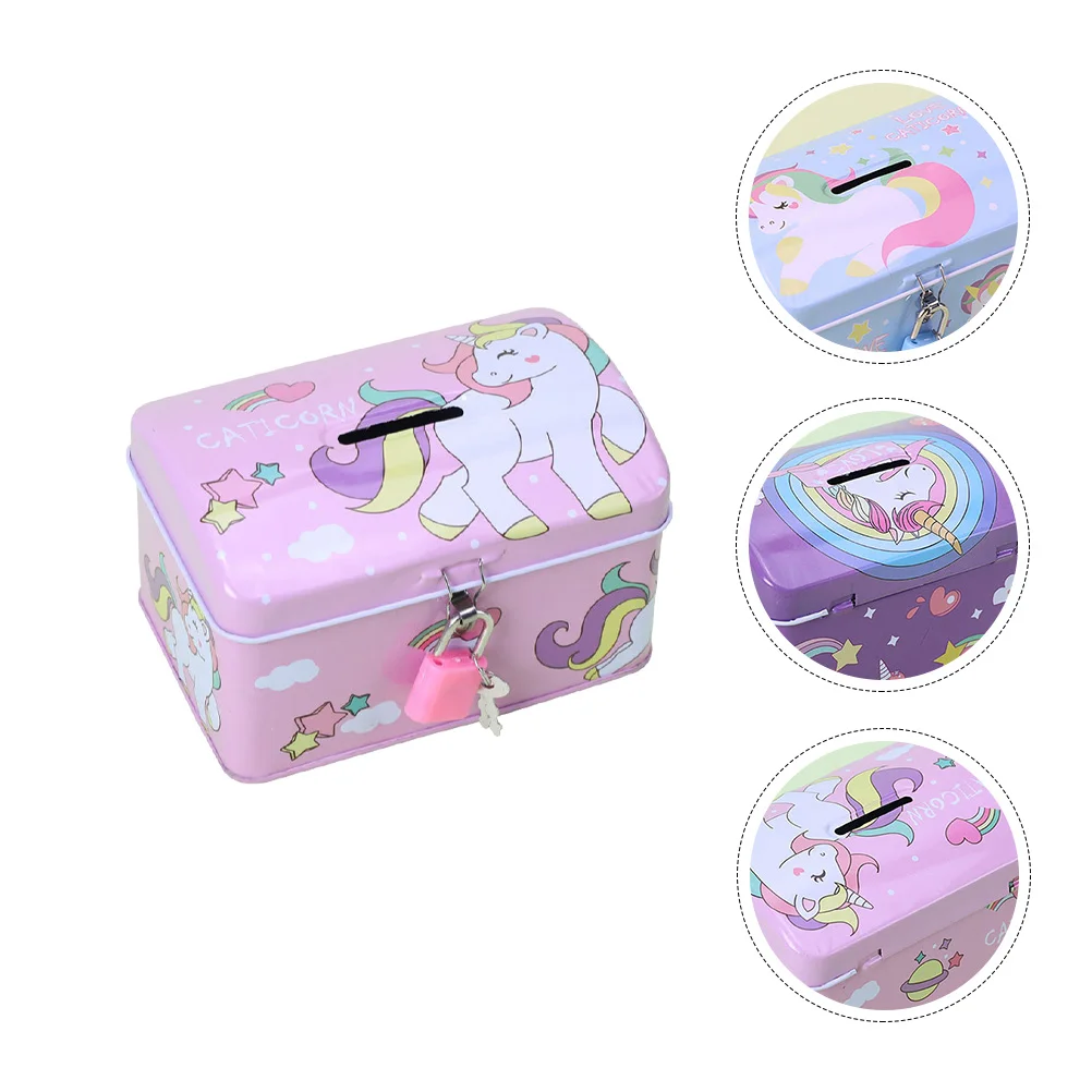 

Bank Coin Piggy Money Pot Box Saving Lock Storage Jar Cartoon Girls Container Kids Animal Printing Metal Lockable Rainbow Banks