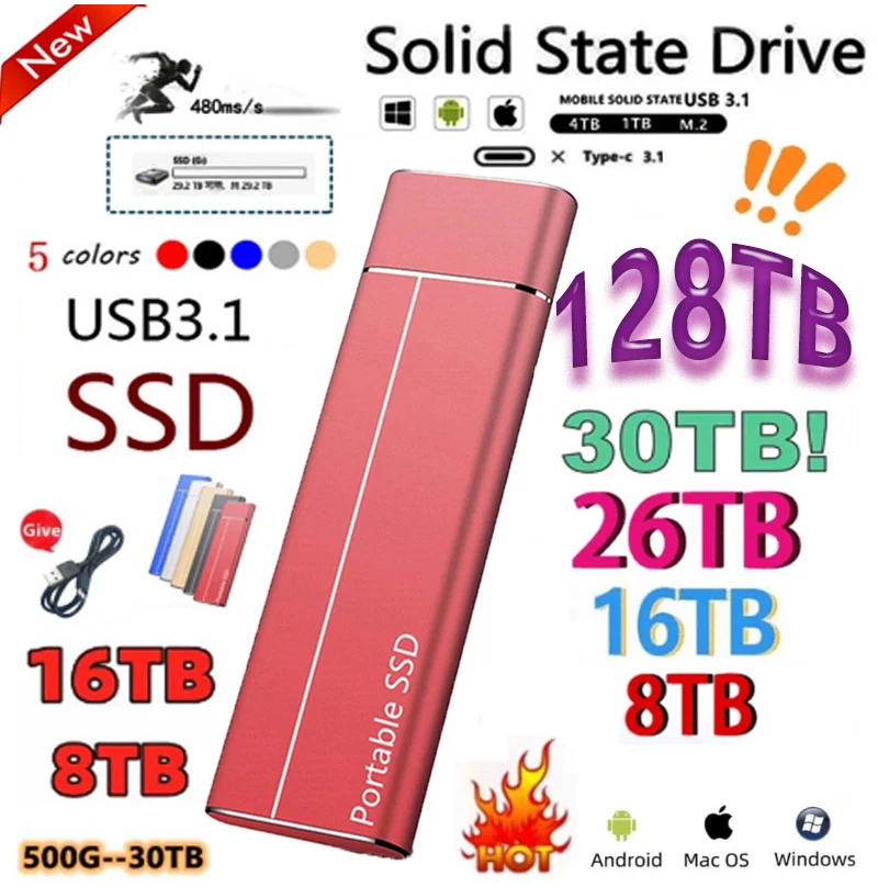 Portable SSD Hard Drive 64TB 16TB 8TB 4TB 2TB 500GB SSD High Speed External Hard Drive M.2 Drive USB 3.1 Interface Mass Storage