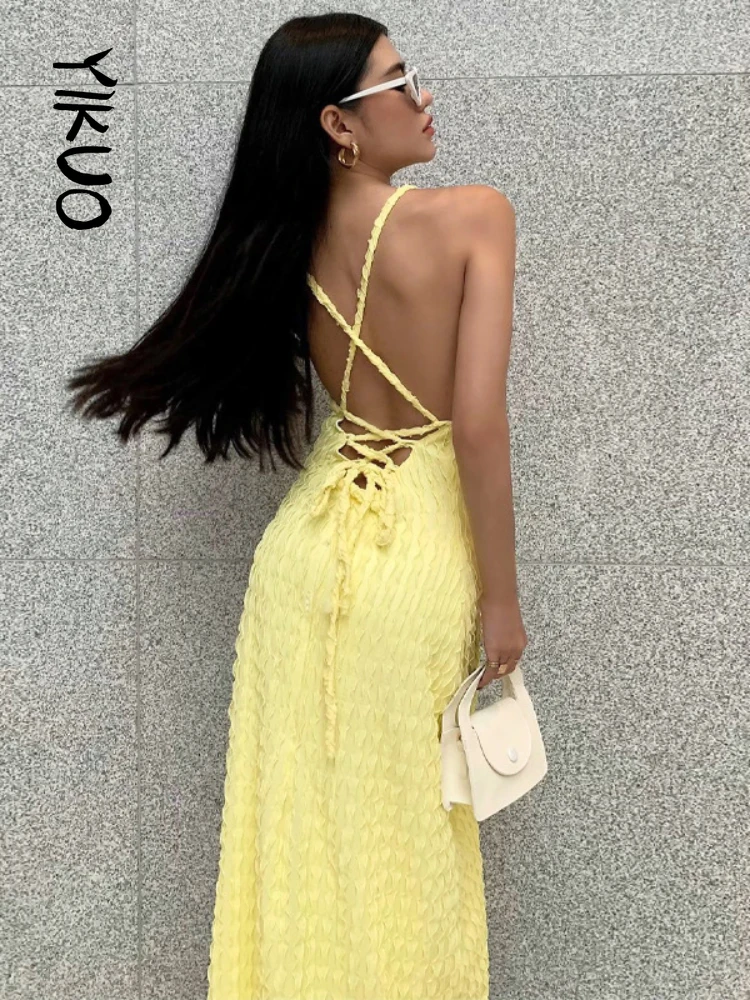 

YIKUO 2022 Summer Women Bodycon Dress Sexy Yellow Sleeveless Backless Midi Beach Party Dresses Elegant Club Hollow Out
