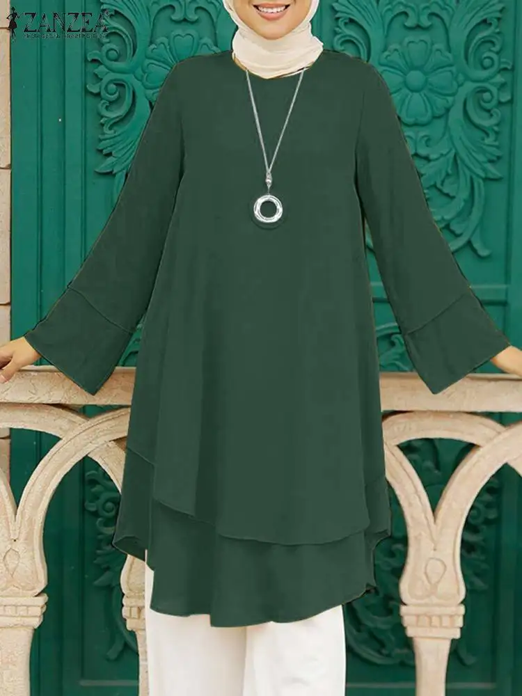 

Fashion Women Muslim Abaya Blouse 2023 ZANZEA Spring Elegant Long Sleeve Solid Shirt Ruffles Casual Loose Turkey Abaya Hijab Top