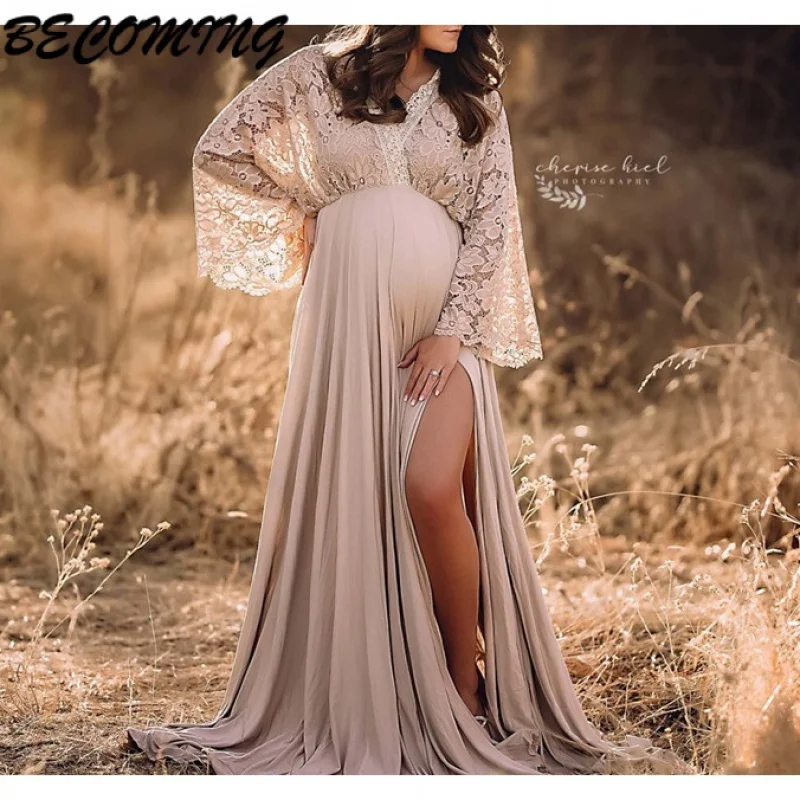 

Dresses photoshoot Maternity Long Dress For Photography Baby Shower Jersey Dress Sides Slit Bohemian Maternity Photo Shoot Dress