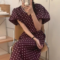 korean style polka dot puff sleeve dress for women summer chic v neck short sleeve long dress lady elegant split dress