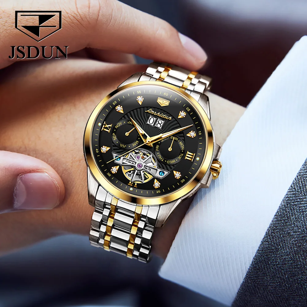

Мужские автоматические механические часы JSDUN 2022, водонепроницаемые деловые часы с ремешком из нержавеющей стали, механические часы-скелето...