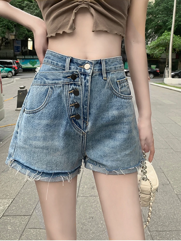 

S-5XL Summer Shorts Women Jeans High Waist Buttons Fashion Slim Design Wide Leg Pants A-line Hip Hop Streetwear Female Clothing