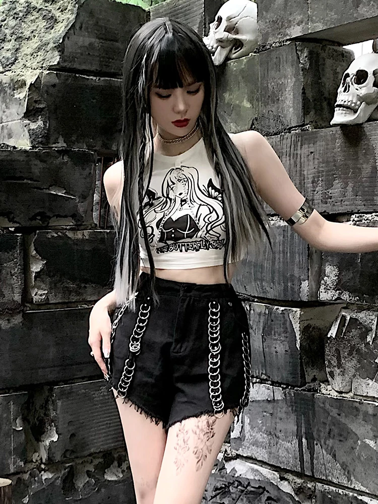 Женский короткий топ с металлической цепочкой и принтом в стиле Харадзюку -