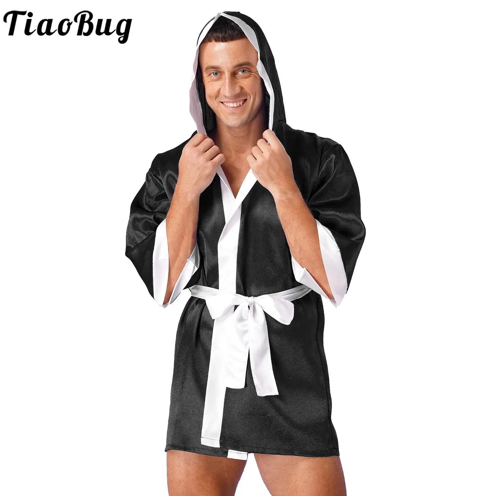 

Mens Thai Boxing Hooded Robe Contrast Edge Satin Boxer Jackets Costumes Kickboxing Competitions Halloween Cosplay Clothing