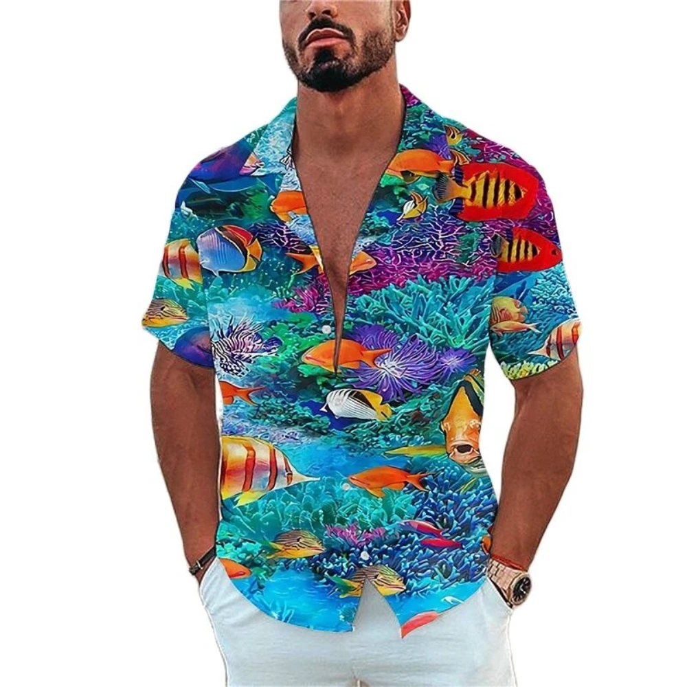 Sea Life Print Shirt Men Fashion Beach Vacation Style Lapel Single Breasted Leisure Short Sleeve Hawaiian Shirt
