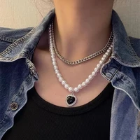 pearl necklace black heart necklace for women double layered metal chain female hiphop retro pearl harajuku style clavicle chain