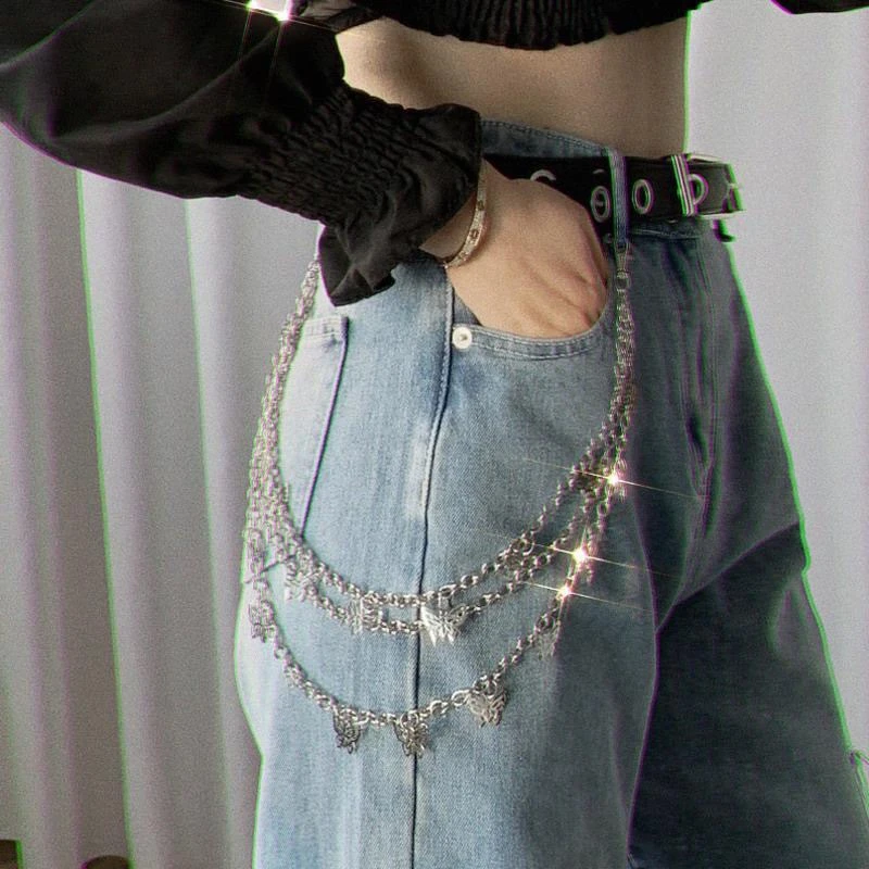 

New Punk Street Butterfly Belt Waist Chain Male Women Pants Chain MultiLayer HipHop Hook Trousers Keychain Jewelry