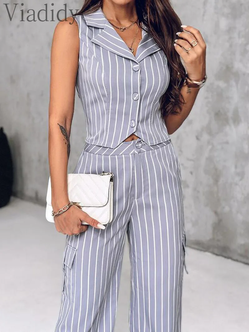 Женский Повседневный комплект из 2 предметов жилет в полоску с английским