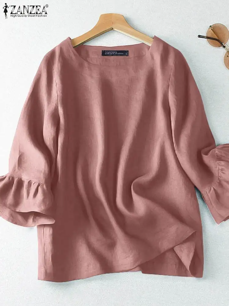 

Summer O Neck 3/4 Sleeve Cotton Shirt 2023 ZANZEA Women Solid Blouse Casual Loose Ruffles Tops Vintage Party Blusas Oversize