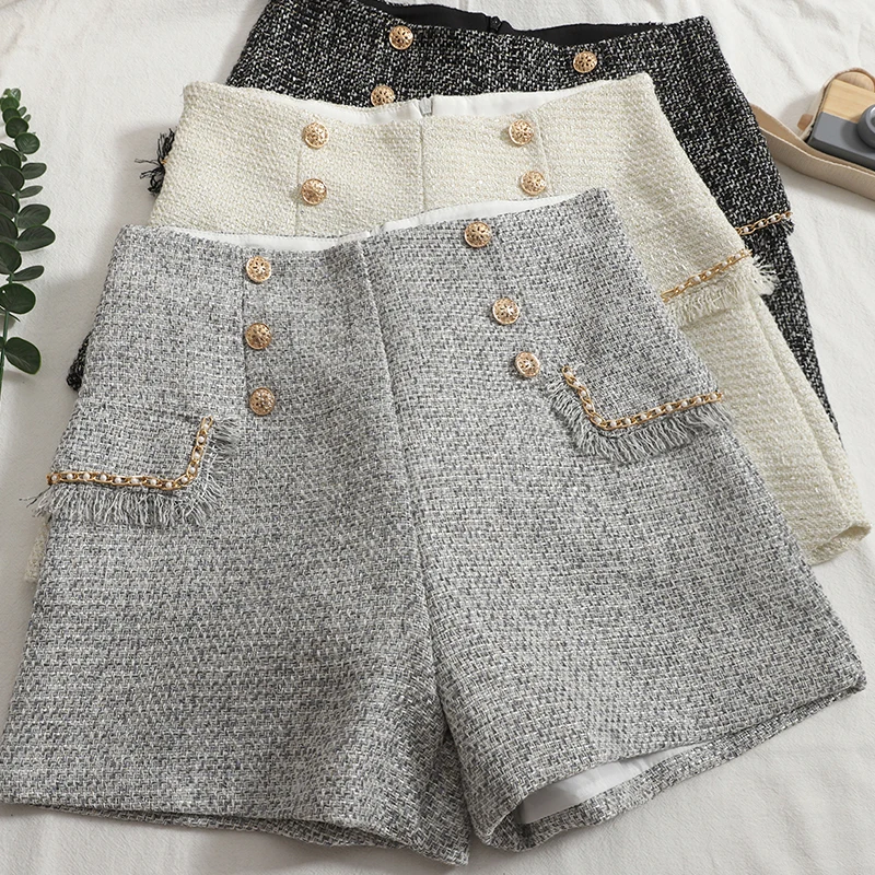 

2022 New High Waist Tweed Shorts Women Casual Loose Ladies Fashion Spring Autumn Slim Button Shorts All-match