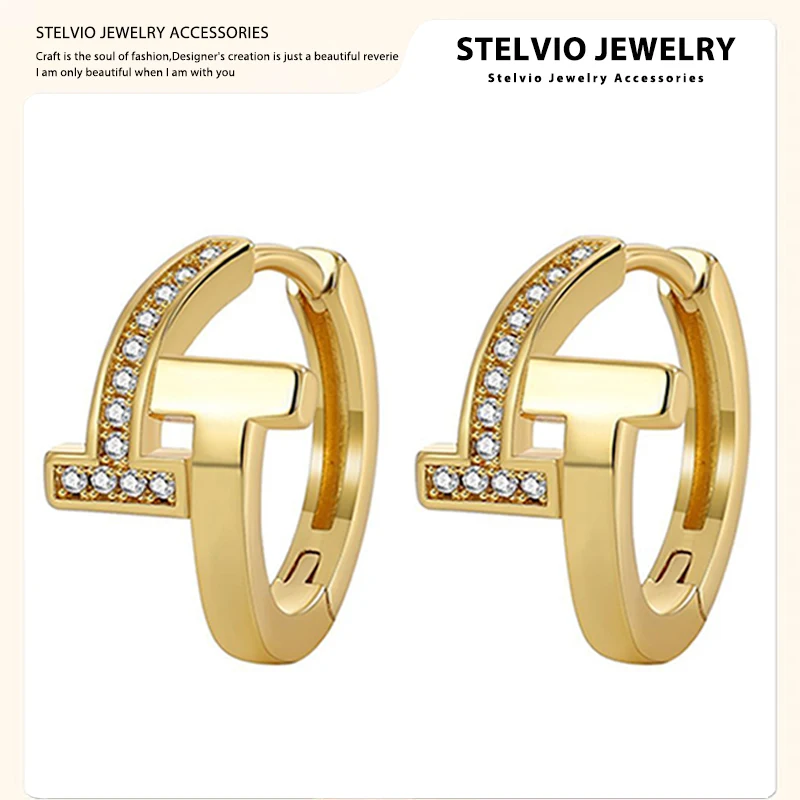 

STELVIO New Trend Double T Zircon Ear Buckle For Women Girls Vintage Earrings High Sense Jewelry