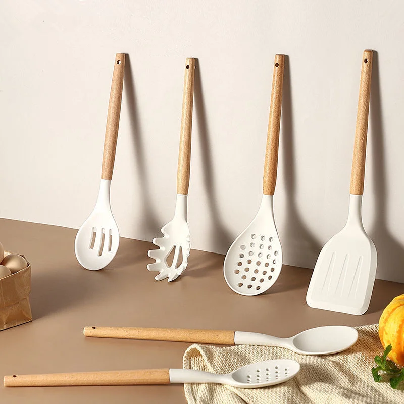 

Wooden Handle Silicone Kitchenware Set Anti-Scald Soup Spoon Big Colander Spatula Kitchen Accessories Household Cooking Tools