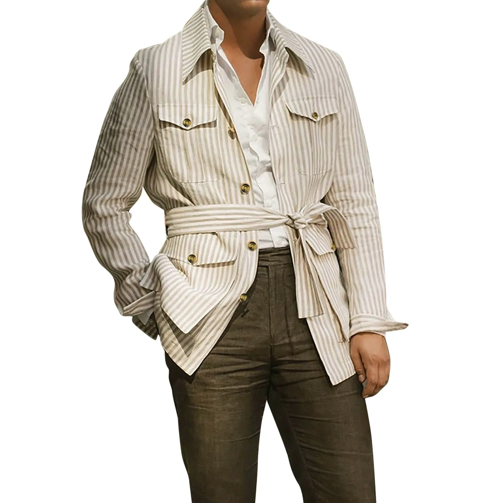 

Men's Winter Top Blouse Loose Casual Striped Tie Large Size OuterWear Shirt Long-sleeved Button Warm Top Cotton Shirt Men Pack