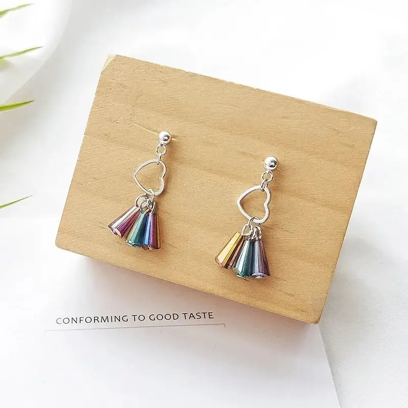 

s925 sterling silver needle love stained glass tassel earrings fashion and creative Korean style earrings party accessories