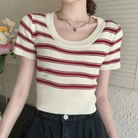 knitted crop top women t shirt striped tshirts short sleeve tee shirt femme summer korean fashion clothing womens tops camisetas