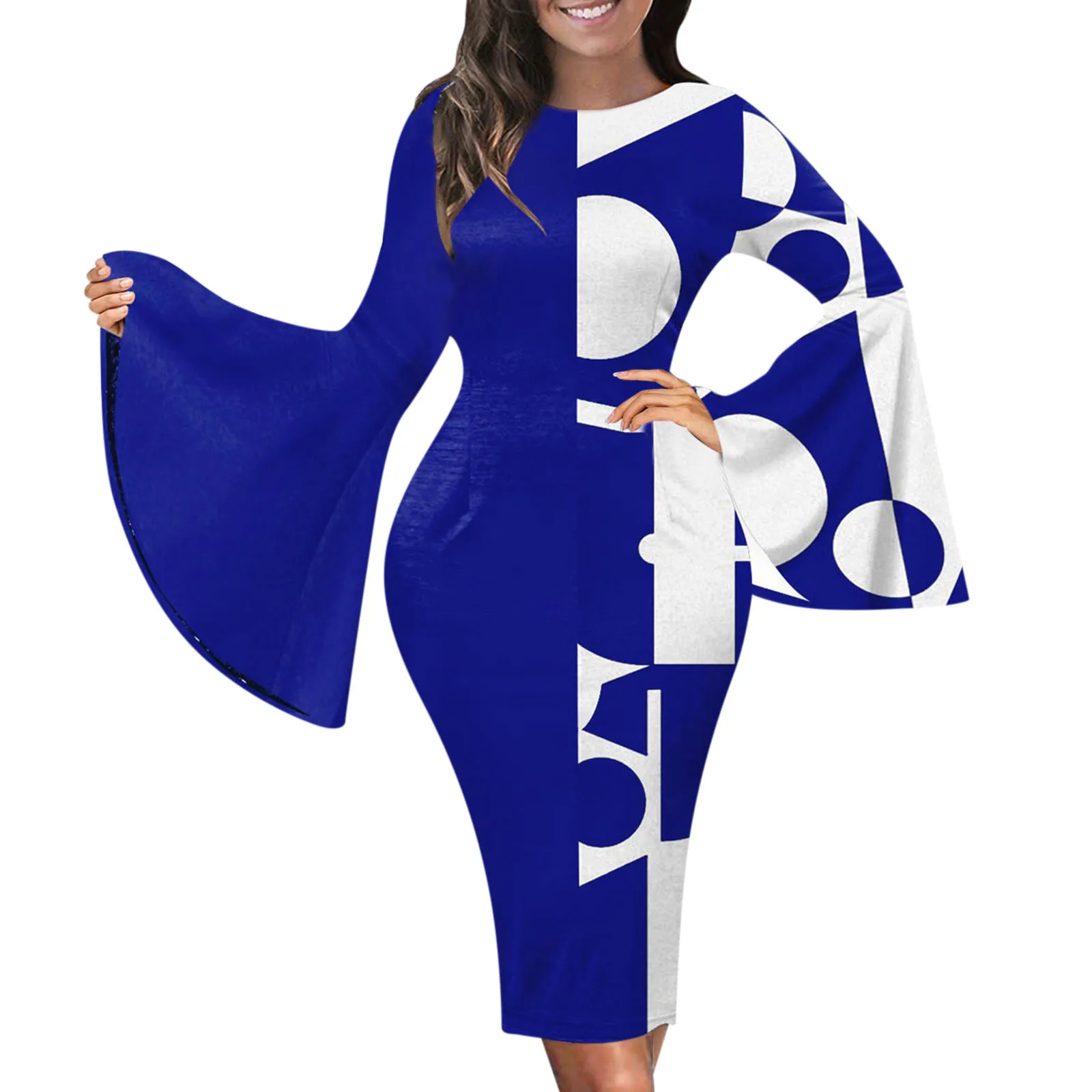 

Sheath Dress Business Graphic Bell Work Midi Party Dress Women Sleeve Dress Office Pencil Print Women Dress Clothes