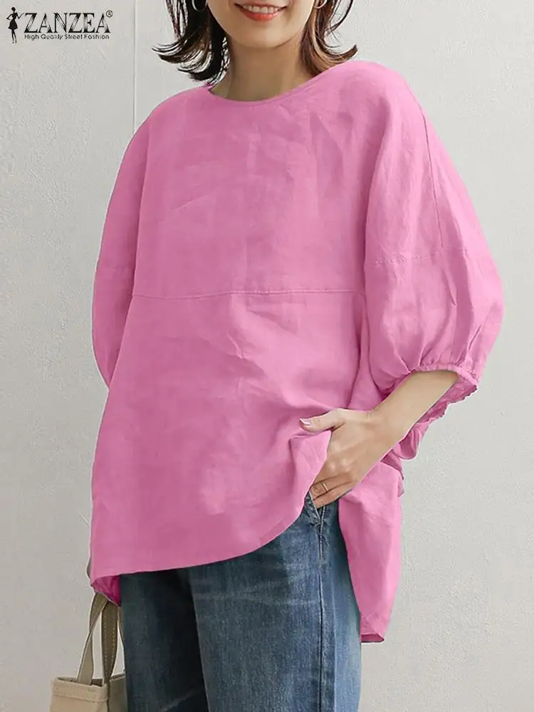 

Блузка ZANZEA Женская хлопковая с круглым вырезом, повседневный однотонный топ оверсайз с рукавами три четверти, свободная рубашка, лето 2022