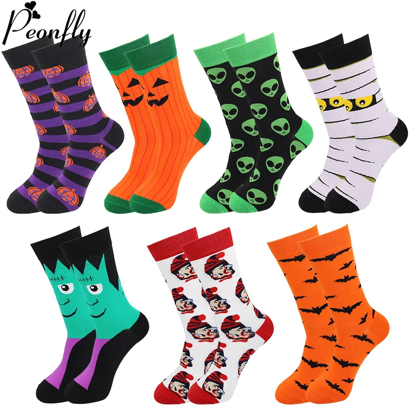 

Peonfly Autumn Halloween Men Funny Creative Bats Pumpkin Pattern Cotton Harajuku Style Novelty Happy Socks