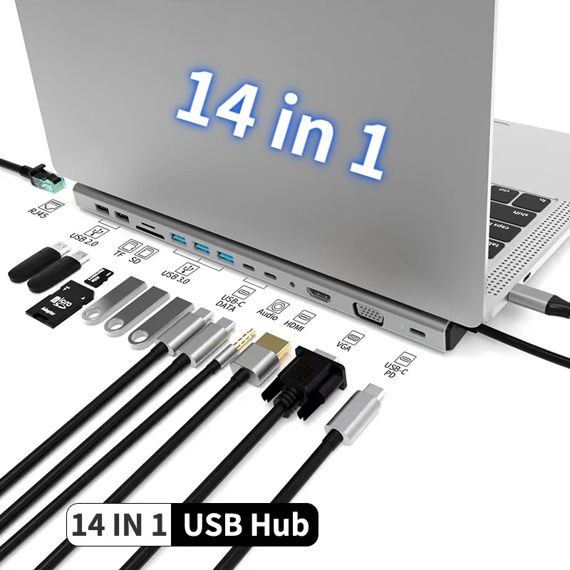 

USB C 14 In 1 Hub 4K HD VGA Multiport Adapter Type-c PD Docking Station RJ45 TF SD Card Reader For Macbook Air Pro